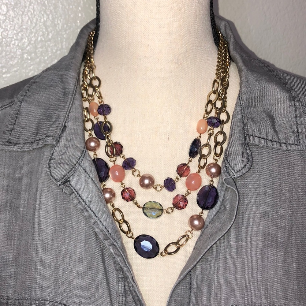 Beaded Triple Gold Chain Necklace